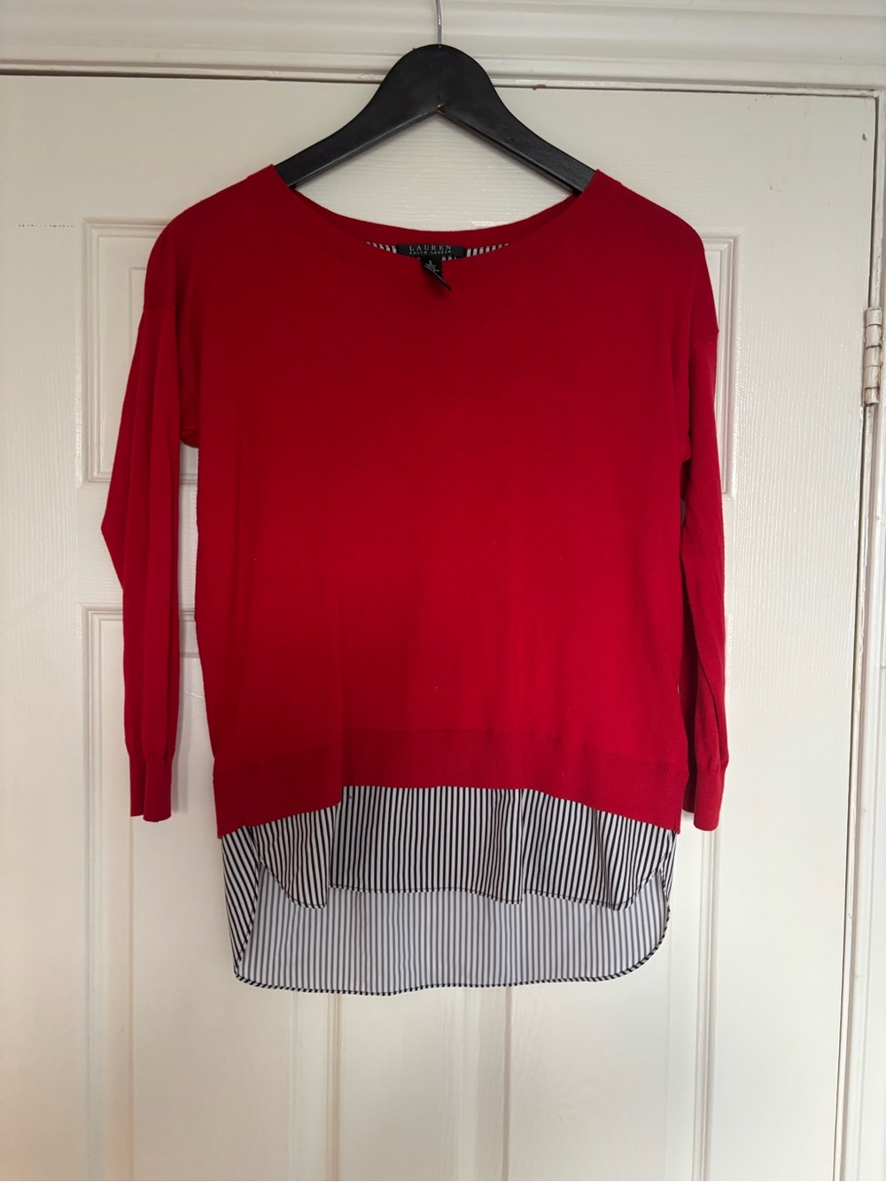Ralph Lauren Red Layered Sweater with Striped Hem